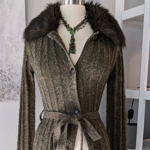 🍁Wet Seal Fur Collared Jacket Sweater Long Cardigan Dark Green/Brown🍂